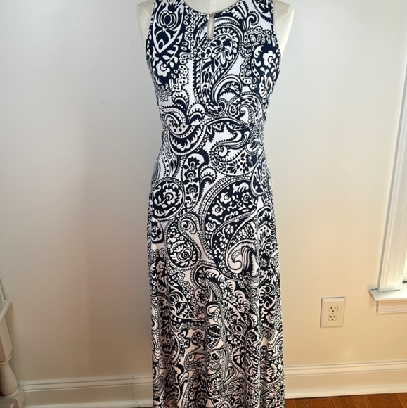 Talbot's Navy Paisley and Floral Sleeveless Maxi Dress Size Small Petite - Picture 2 of 9